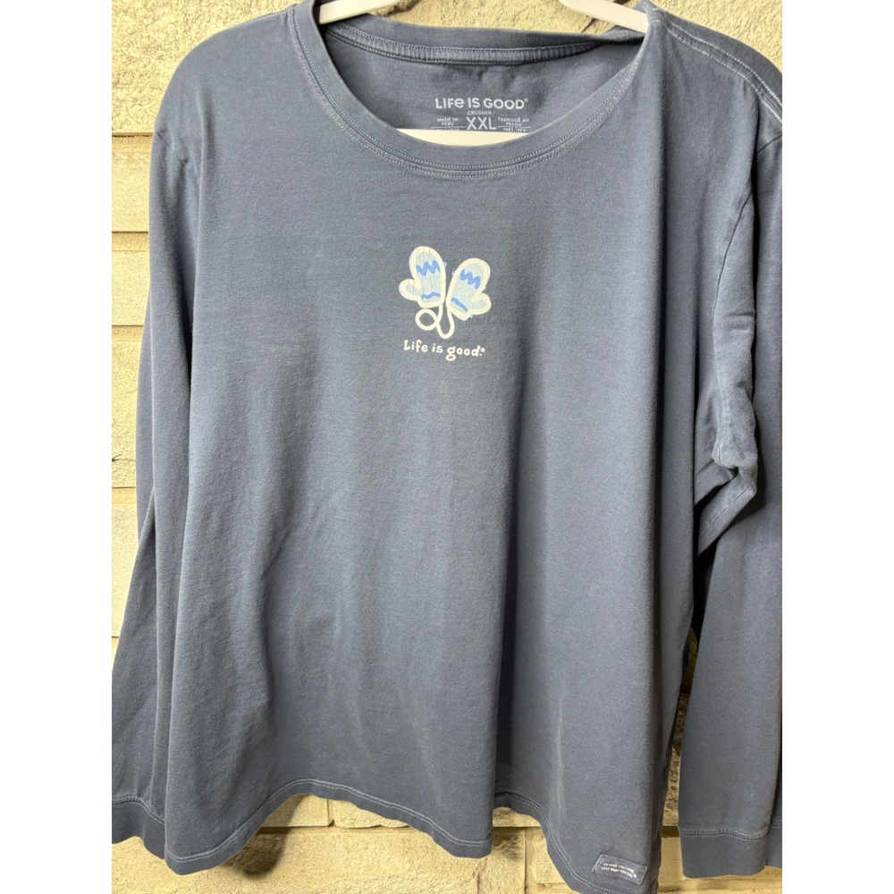 Life is Good Womens XXL Crusher Long Sleeve Graphic Tee Blue Mittens XXL